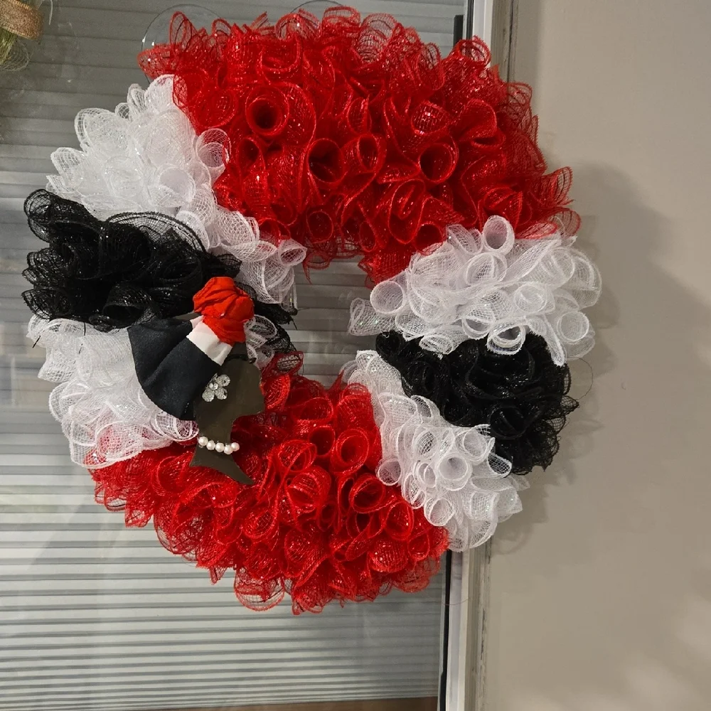 Handmade Red, White & Black Deco Mesh Wreath with Lady Silhouette